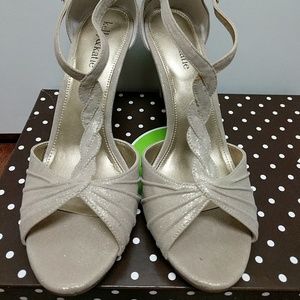 Light gold sparkle open toe heels